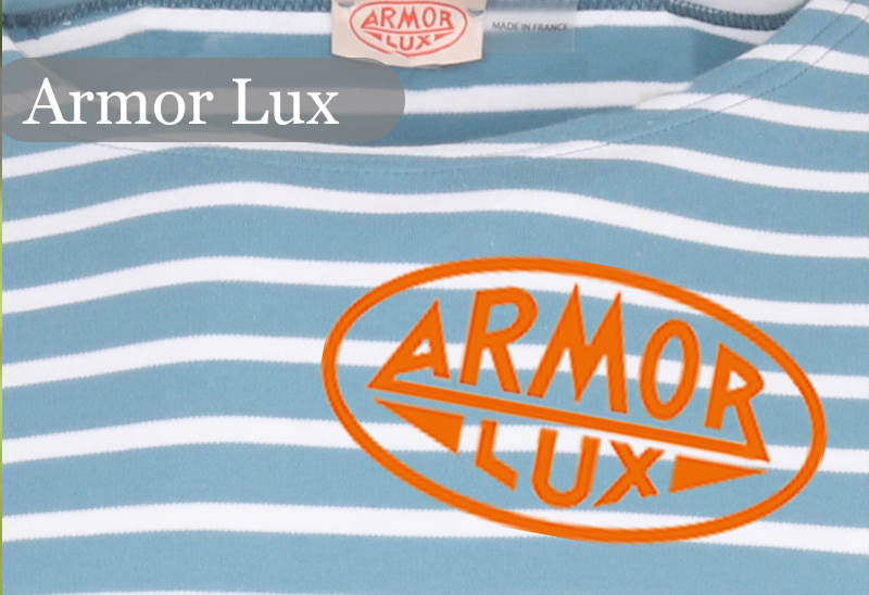Gestreiftes Armor Lux Shirt mit orangefarbenem Logo, erhältlich bei Retronia Berlin